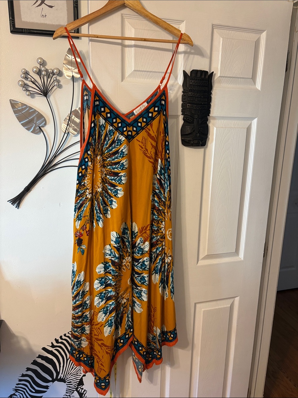 Jealous Tomato Mustard Midi Dress with Teal and Orange Trim
